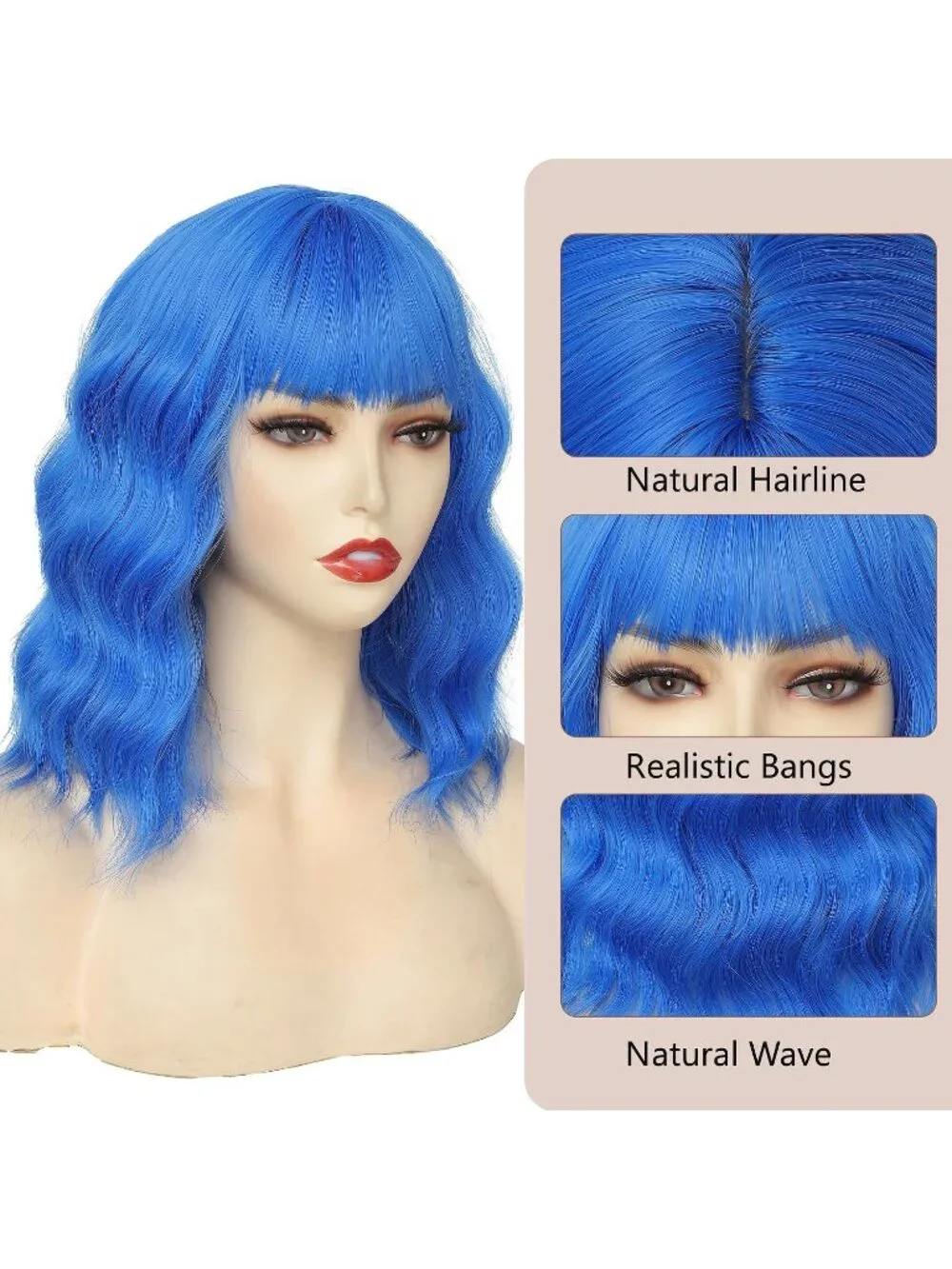 Women's Blue 14 Inch Heat Resistant Short Wavy Hair Pastel Bob Wig Bangs